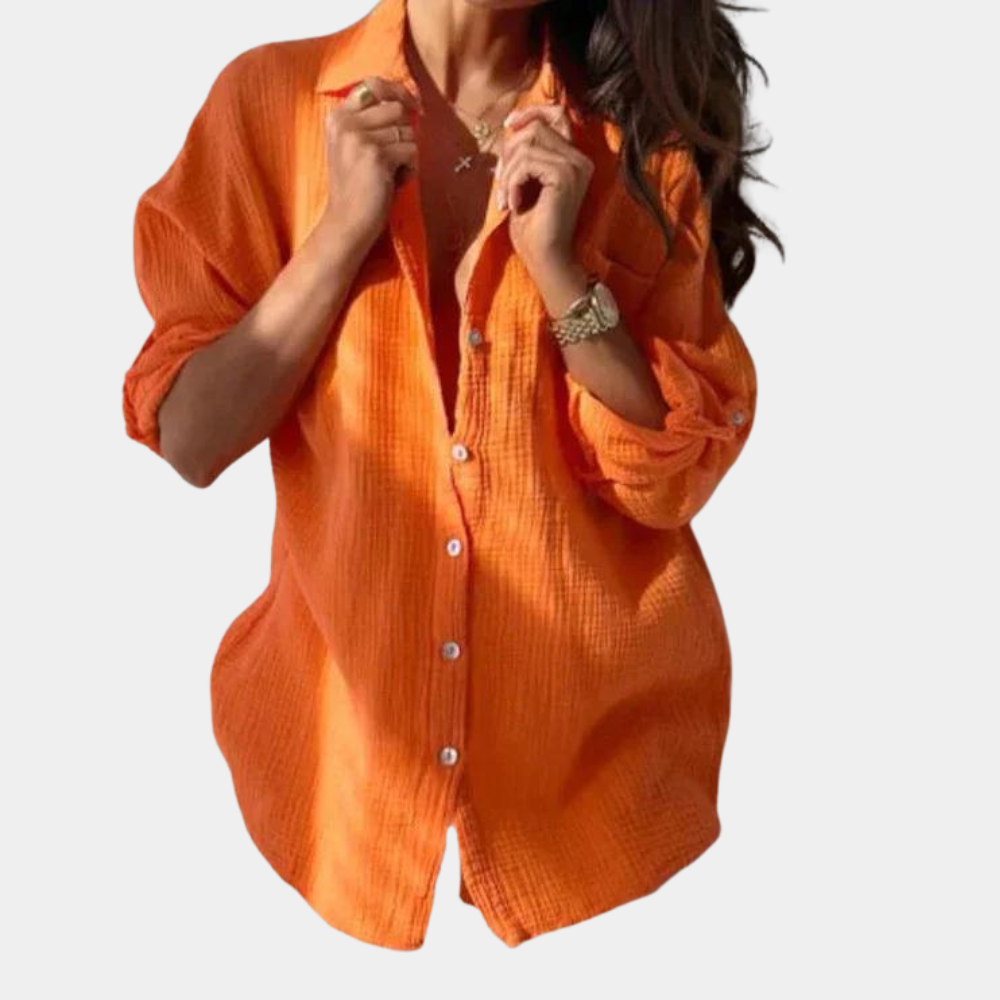 Women's Oversized Button-Up Shirt - Lightweight Cotton Linen, Long Sleeve Casual Orange