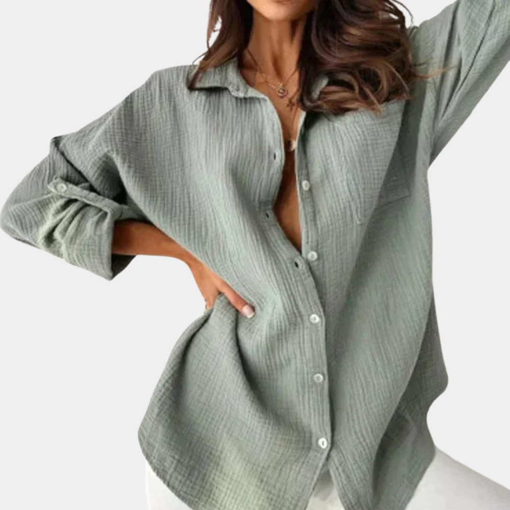 Women's Oversized Button-Up Shirt - Lightweight Cotton Linen, Long Sleeve Casual Grey