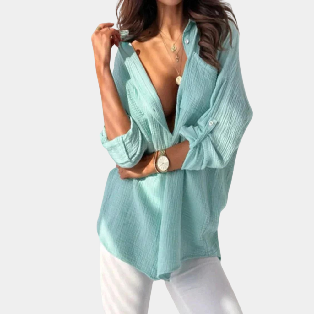 Women's Oversized Button-Up Shirt - Lightweight Cotton Linen, Long Sleeve Casual Turquoise