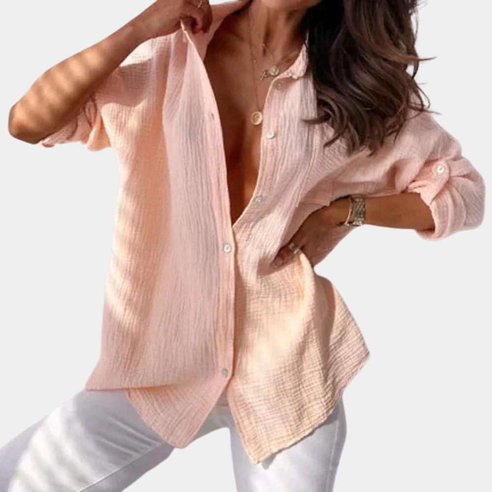 Women's Oversized Button-Up Shirt - Lightweight Cotton Linen, Long Sleeve Casual Pink