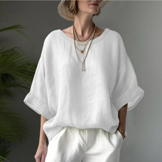 Women's Oversized Cotton Linen Blend Blouse - Drop Shoulder, Round Neck | White