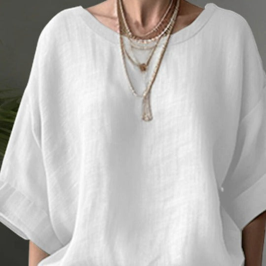 Women's Oversized Cotton Linen Blend Blouse - Drop Shoulder, Round Neck | White