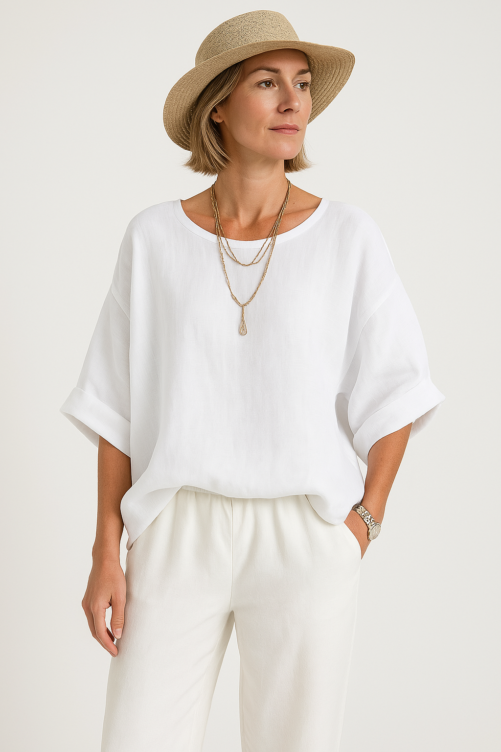 Women's Oversized Cotton Linen Blend Blouse - Drop Shoulder, Round Neck | White XXL