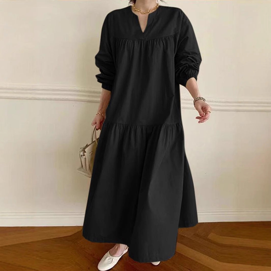 Women's Oversized V-Neck Maxi Dress - Cotton Linen Blend, Puff Sleeve Black
