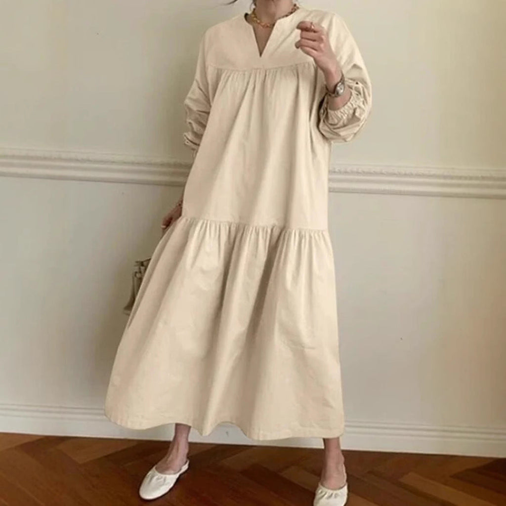Women's Oversized V-Neck Maxi Dress - Cotton Linen Blend, Puff Sleeve Beige