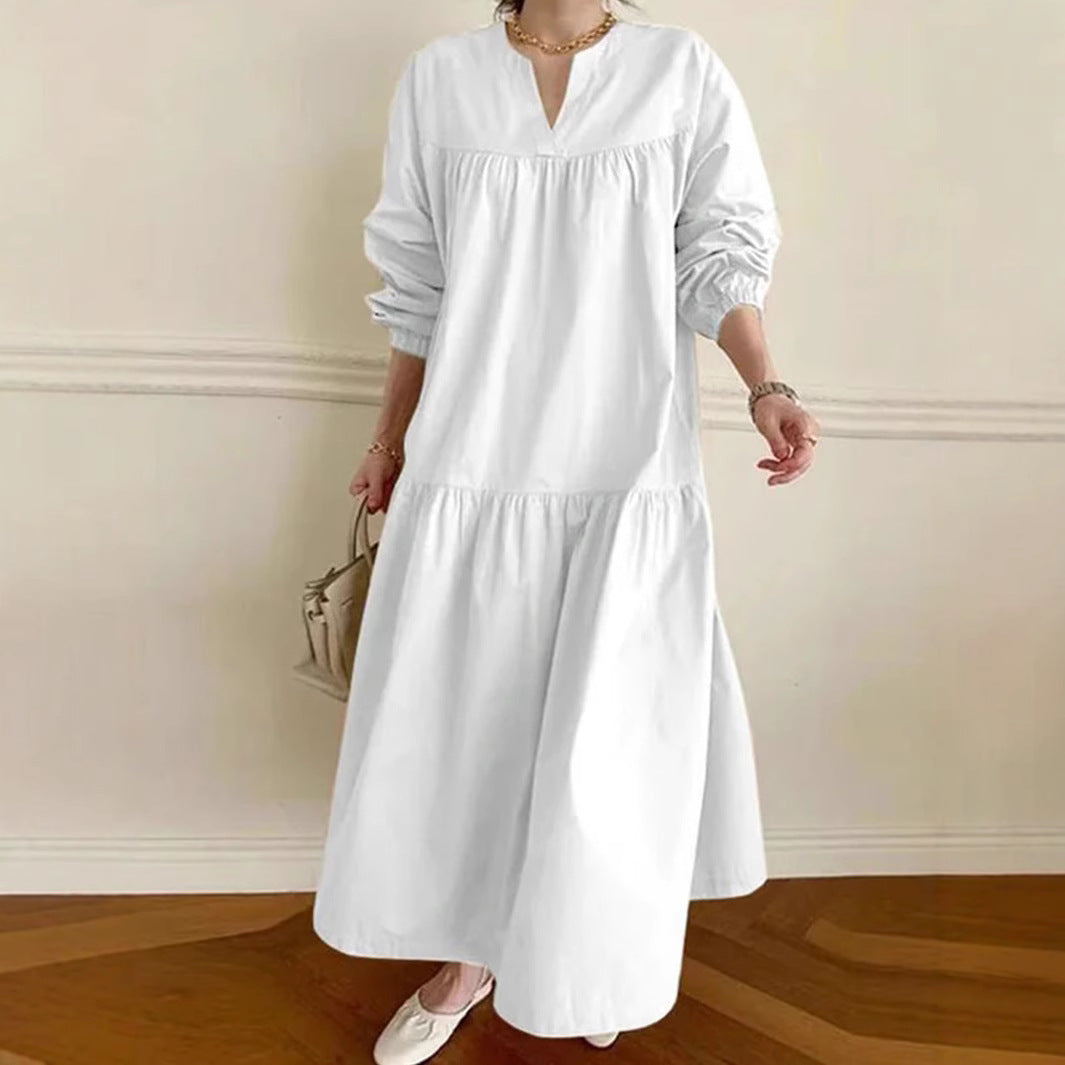 Women's Oversized V-Neck Maxi Dress - Cotton Linen Blend, Puff Sleeve White