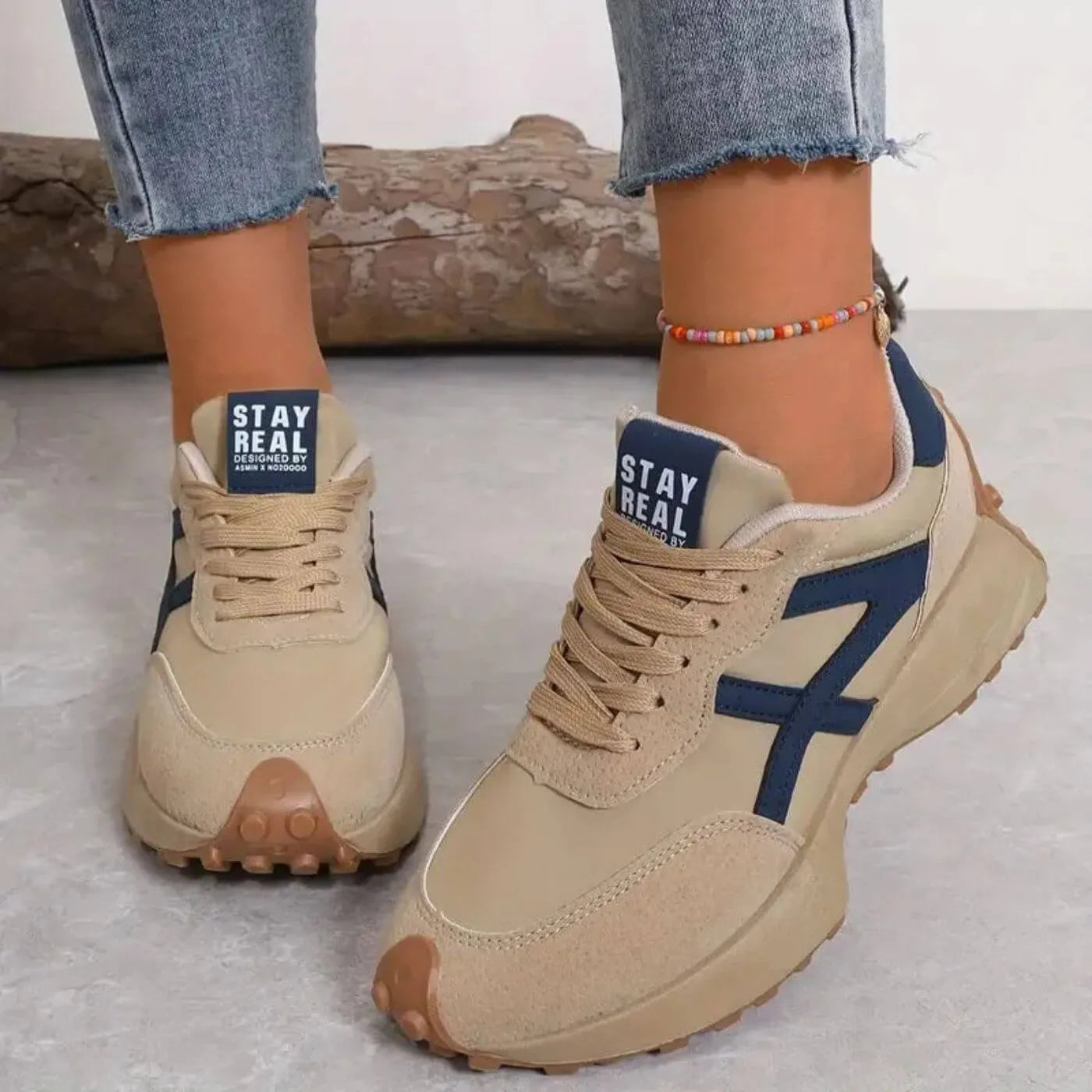 Women's Pain Relief Orthopaedic Lace-Up Athletic Shoes - Cushioned Support for Comfort & Stability Beige
