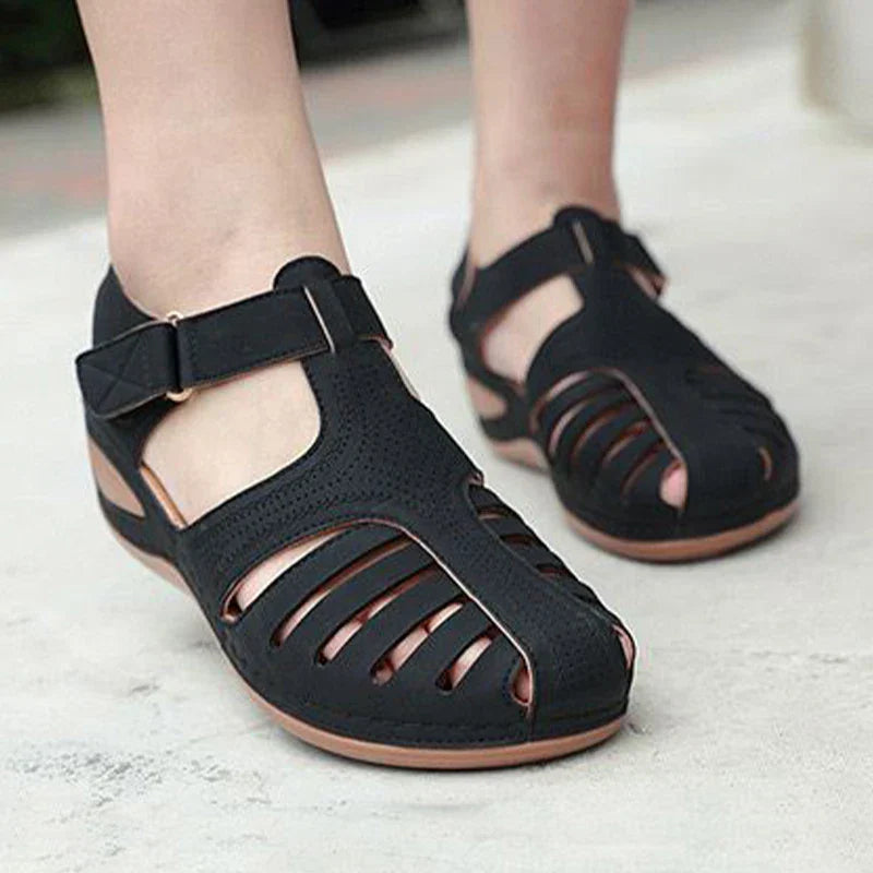 Women's Pain Relief Orthopaedic Sandals with Cut-Out Design With Adjustable Straps Black