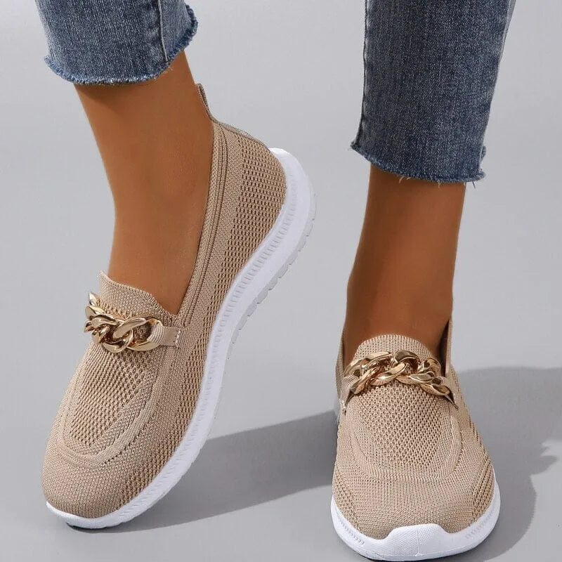 Women's Pain Relief Orthopaedic Slip-On Shoes with Gold Chain Detail Beige