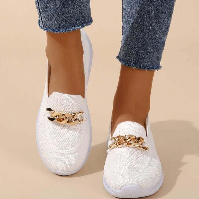 Women's Pain Relief Orthopaedic Slip-On Shoes with Gold Chain Detail White