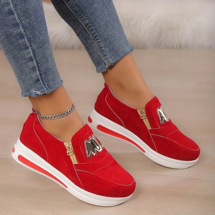 Women's Pain Relief Orthopaedic Sneakers with Zipper Detail Red