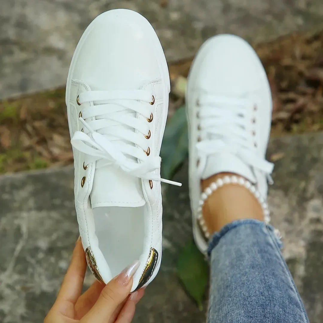 Women's Quilted Orthopaedic Sneakers with Lace-Up Closure for All-Day Comfort White