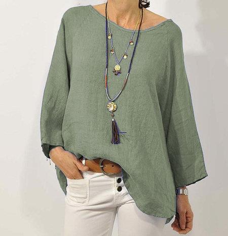 Women's Relaxed Fit Cotton Linen Top - 3/4 Raglan Sleeve, Asymmetrical Hem Green