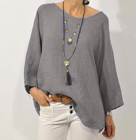 Women's Relaxed Fit Cotton Linen Top - 3/4 Raglan Sleeve, Asymmetrical Hem Grey
