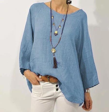Women's Relaxed Fit Cotton Linen Top - 3/4 Raglan Sleeve, Asymmetrical Hem Blue