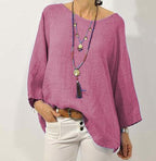 Women's Relaxed Fit Cotton Linen Top - 3/4 Raglan Sleeve, Asymmetrical Hem Rose Red