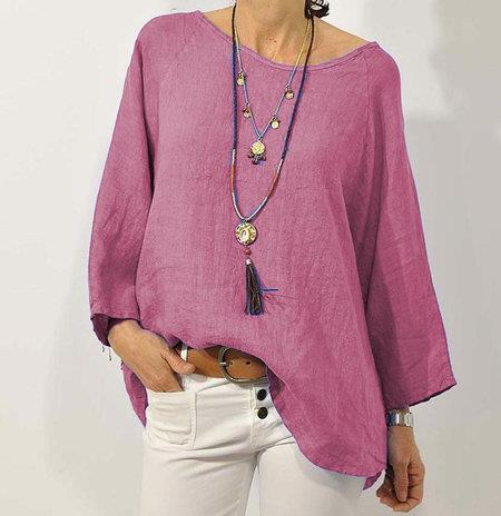 Women's Relaxed Fit Cotton Linen Top - 3/4 Raglan Sleeve, Asymmetrical Hem Rose Red