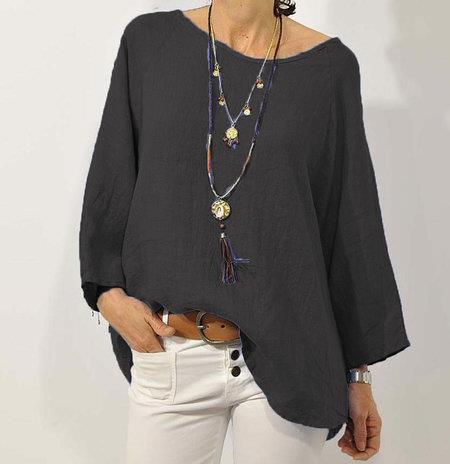 Women's Relaxed Fit Cotton Linen Top - 3/4 Raglan Sleeve, Asymmetrical Hem Black