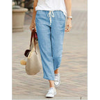 Women's Relaxed Fit Lightweight Cotton/Linen Trousers with Drawstring Waist Light Blue