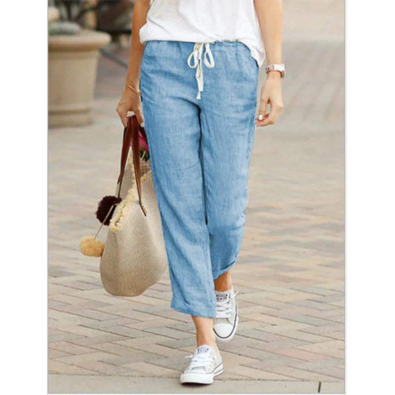 Women's Relaxed Fit Lightweight Cotton/Linen Trousers with Drawstring Waist Light Blue