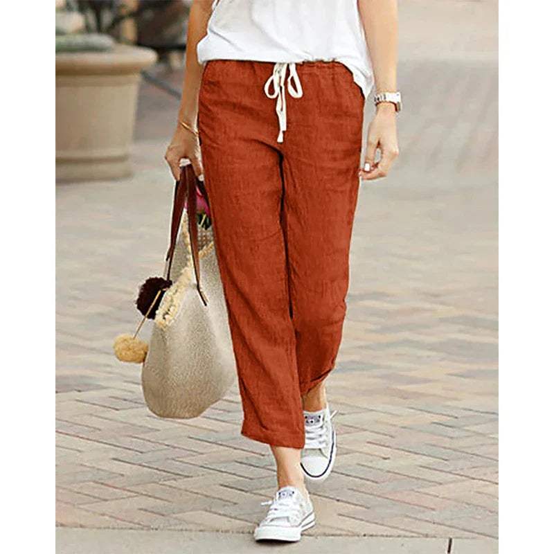 Women's Relaxed Fit Lightweight Cotton/Linen Trousers with Drawstring Waist Red