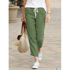 Women's Relaxed Fit Lightweight Cotton/Linen Trousers with Drawstring Waist Green