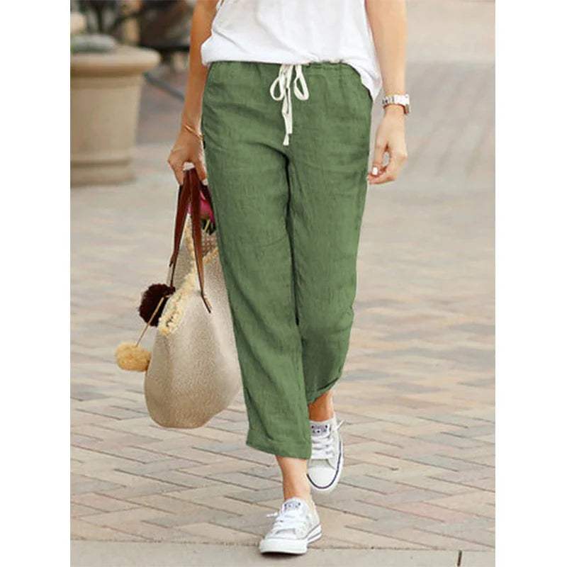 Women's Relaxed Fit Lightweight Cotton/Linen Trousers with Drawstring Waist Green