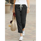 Women's Relaxed Fit Lightweight Cotton/Linen Trousers with Drawstring Waist Black