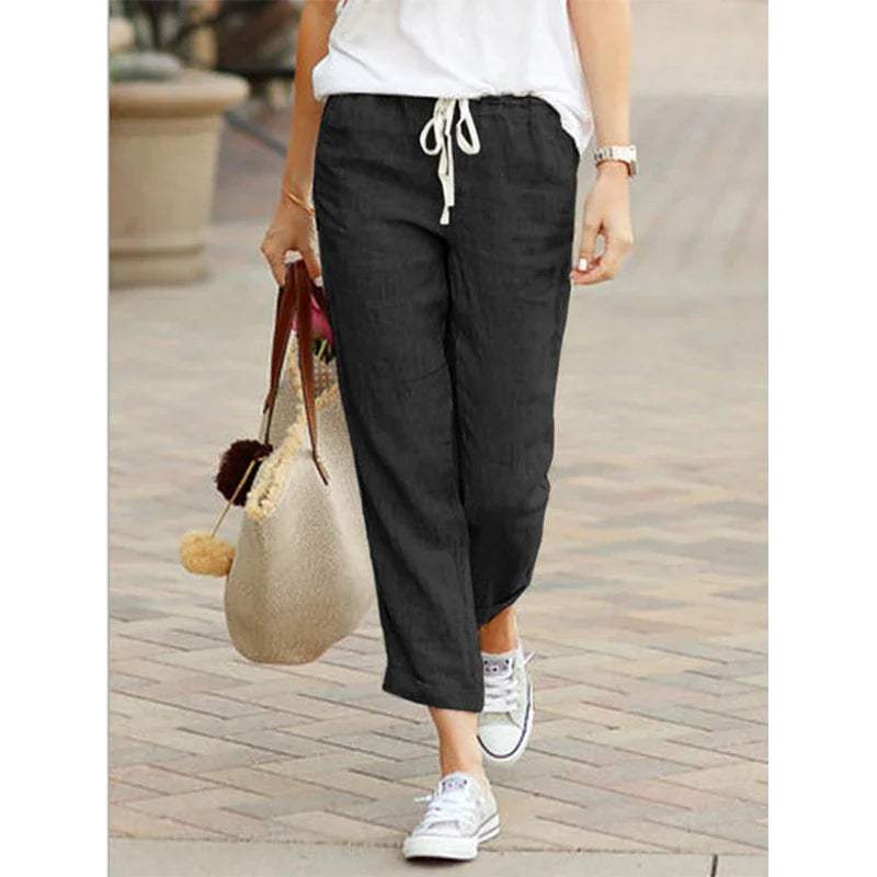 Women's Relaxed Fit Lightweight Cotton/Linen Trousers with Drawstring Waist Black