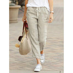 Women's Relaxed Fit Lightweight Cotton/Linen Trousers with Drawstring Waist Beige