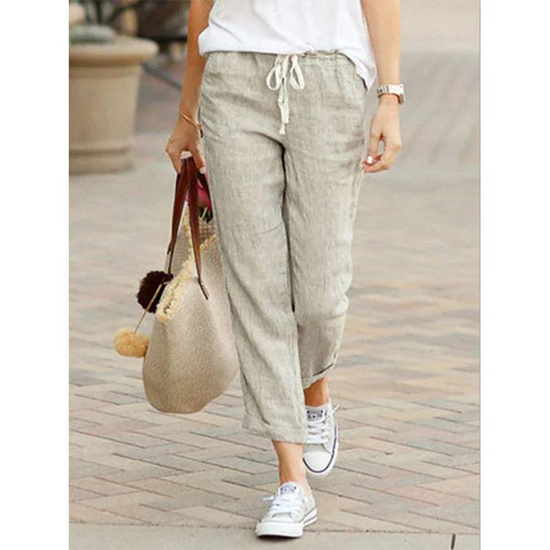 Women's Relaxed Fit Lightweight Cotton/Linen Trousers with Drawstring Waist Beige
