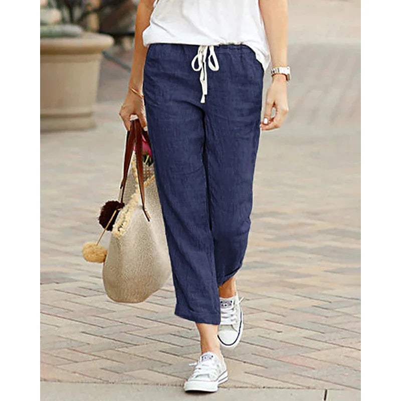 Women's Relaxed Fit Lightweight Cotton/Linen Trousers with Drawstring Waist Blue
