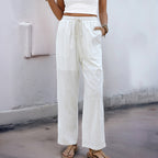 Women's Relaxed Fit Linen Blend Straight-Leg Trousers - Drawstring Waist, Casual Summer Comfort | White
