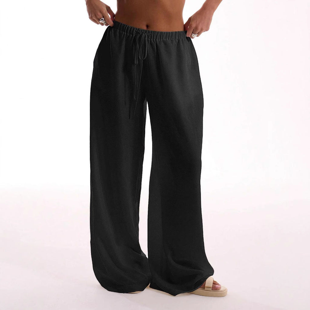 Women's Relaxed Fit Linen Blend Wide-Leg Trousers with Drawstring Waist for Summer Black