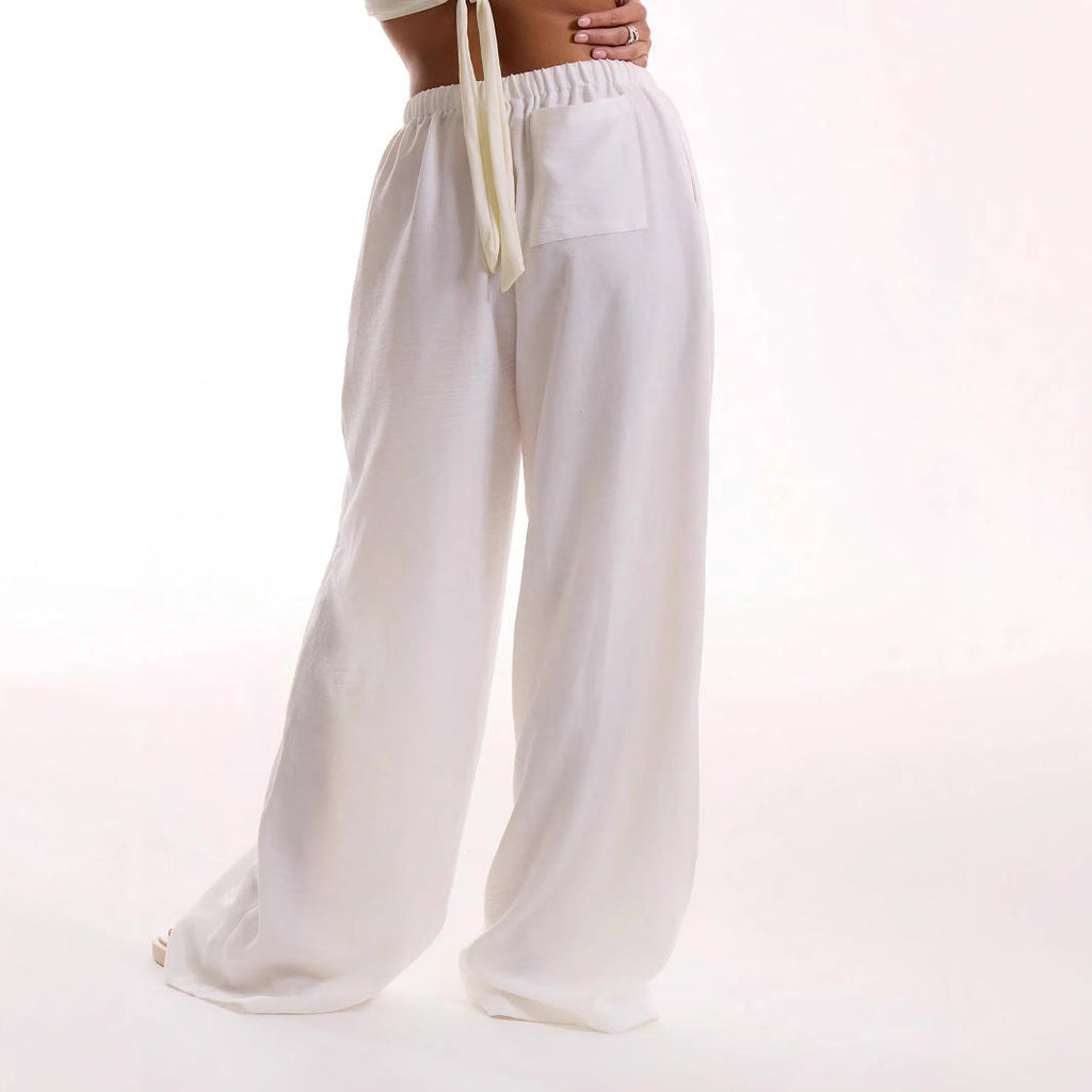 Women's Relaxed Fit Linen Blend Wide-Leg Trousers with Drawstring Waist for Summer White
