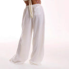 Women's Relaxed Fit Linen Blend Wide-Leg Trousers with Drawstring Waist for Summer White