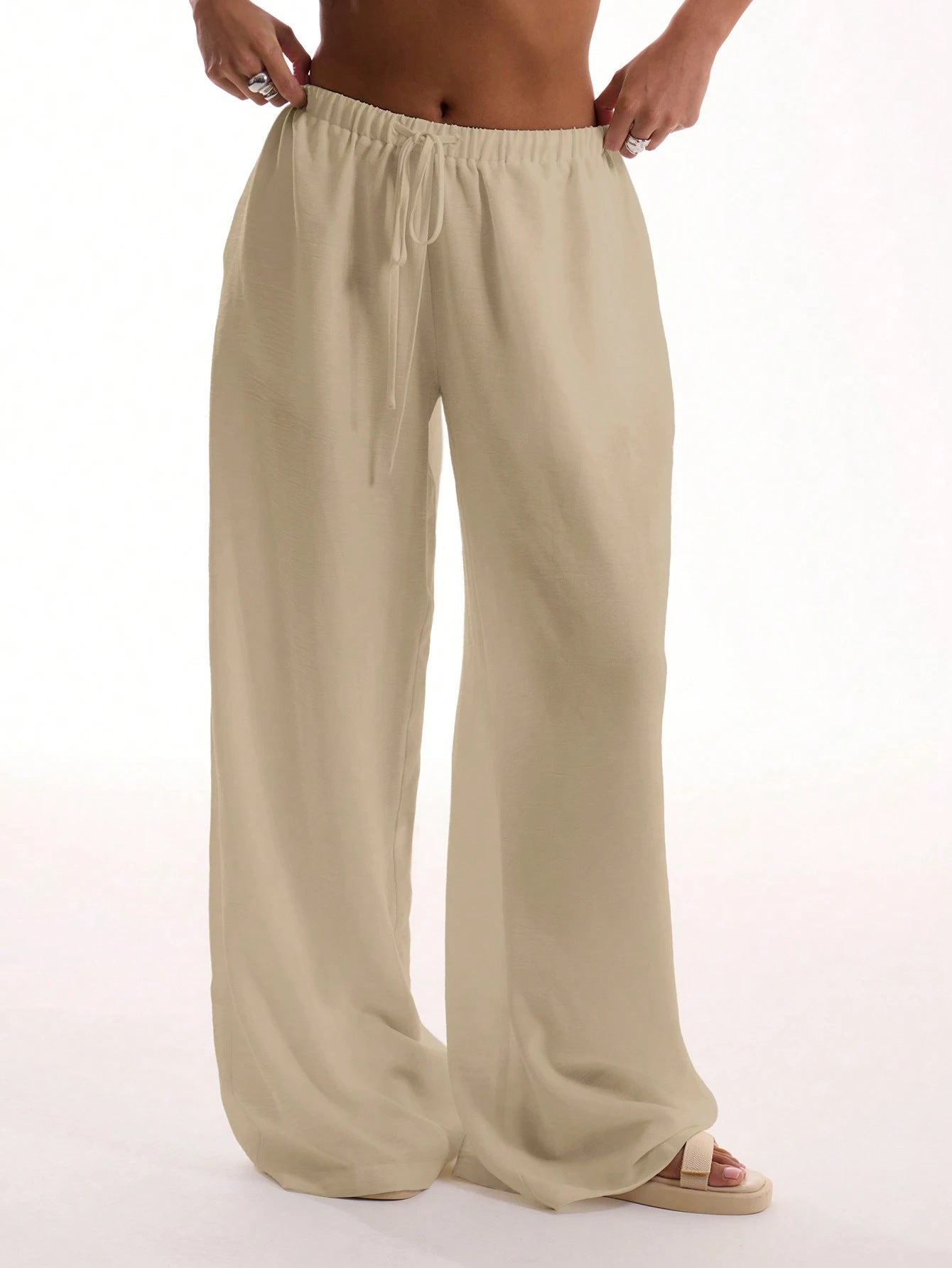 Women's Relaxed Fit Linen Blend Wide-Leg Trousers with Drawstring Waist for Summer Beige