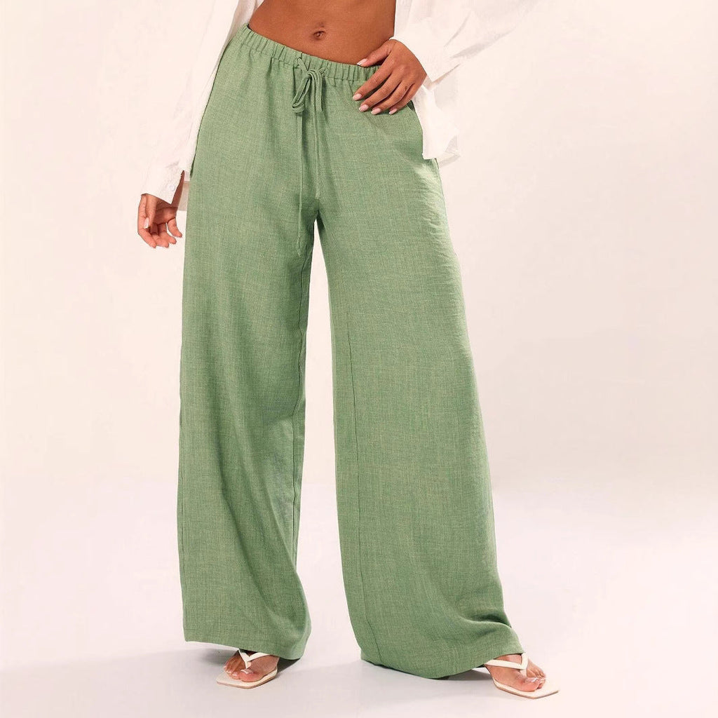 Women's Relaxed Fit Linen Blend Wide-Leg Trousers with Drawstring Waist for Summer Green