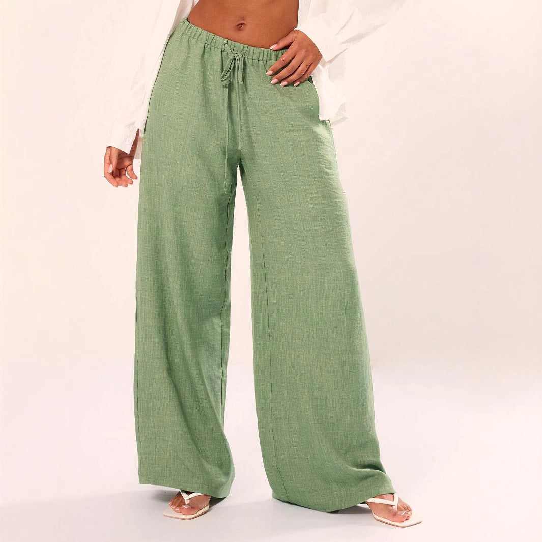 Women's Relaxed Fit Linen Blend Wide-Leg Trousers with Drawstring Waist for Summer Green