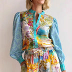 Women's Relaxed Fit Linen Shirt and Shorts Set - Button-Up, Drawstring Waist | Blue Floral