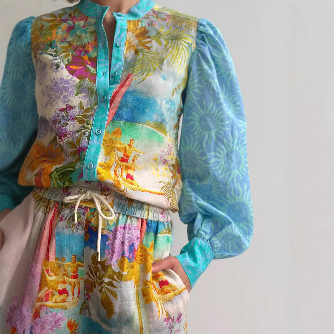 Women's Relaxed Fit Linen Shirt and Shorts Set - Button-Up, Drawstring Waist | Blue Floral