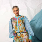 Women's Relaxed Fit Linen Shirt and Shorts Set - Button-Up, Drawstring Waist | Blue Floral