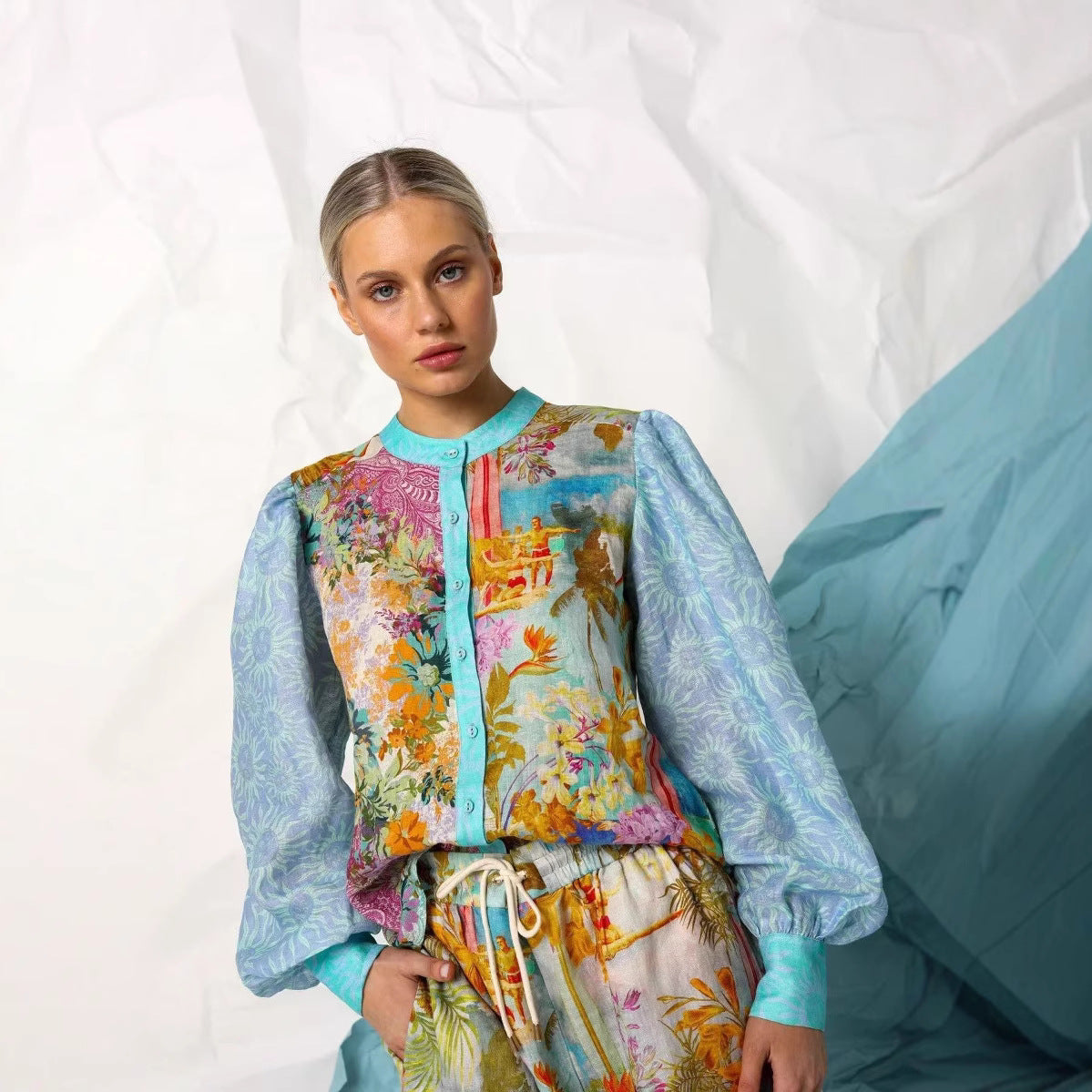Women's Relaxed Fit Linen Shirt and Shorts Set - Button-Up, Drawstring Waist | Blue Floral