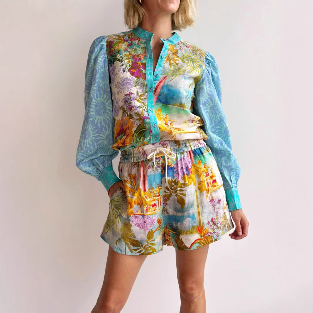 Women's Relaxed Fit Linen Shirt and Shorts Set - Button-Up, Drawstring Waist | Blue Floral XXL
