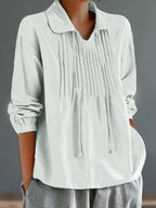 Women's Relaxed Fit Long Sleeve Cotton Linen Blend Shirt with Pleats White