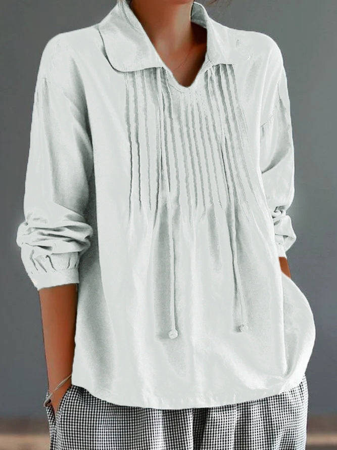 Women's Relaxed Fit Long Sleeve Cotton Linen Blend Shirt with Pleats White