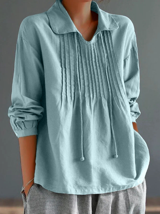 Women's Relaxed Fit Long Sleeve Cotton Linen Blend Shirt with Pleats Blue