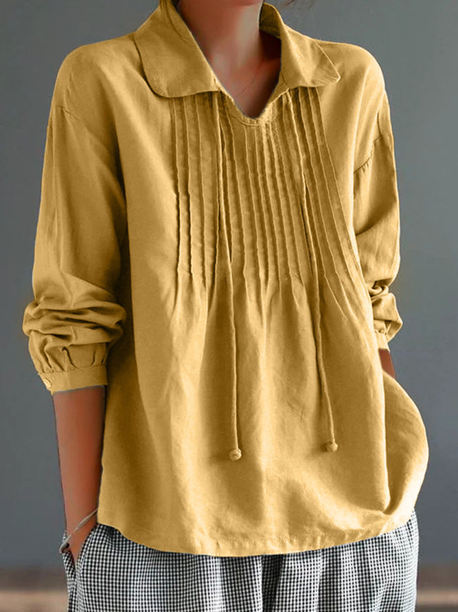 Women's Relaxed Fit Long Sleeve Cotton Linen Blend Shirt with Pleats Yellow