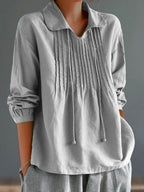 Women's Relaxed Fit Long Sleeve Cotton Linen Blend Shirt with Pleats Grey