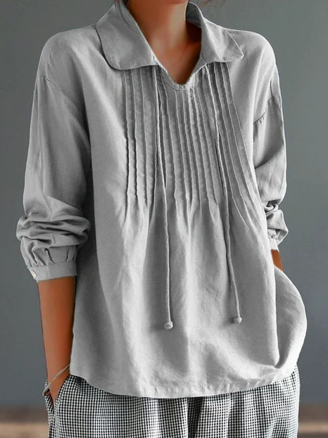 Women's Relaxed Fit Long Sleeve Cotton Linen Blend Shirt with Pleats Grey